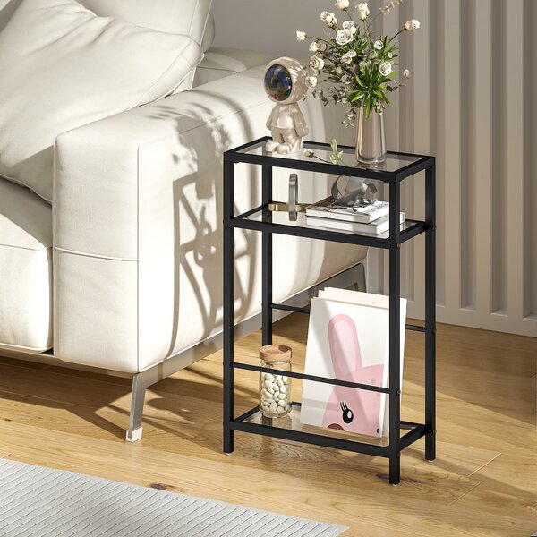 HOMCOM Tavolino da Salotto a 3 Ripiani Compatto in Vetro e Acciaio, 40x18x62 cm, Nero