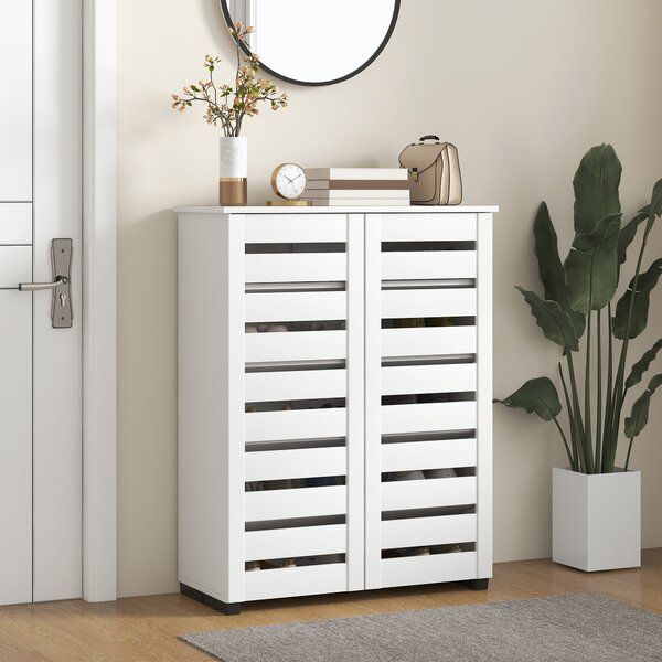 HOMCOM Mobile Scarpiera Moderno a 5 Livelli con 4 Ripiani Regolabili e Ante a Doghe, per 15 paia di scarpe in Legno, 76x33Px98 cm, Bianco | Aosom Italy