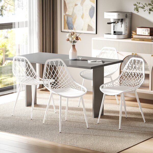 HOMCOM Set 4 Sedie Moderne da Pranzo con Schienale Traforato in Plastica e Gambe in Metallo, per Cucina e Soggiorno, Bianco|Aosom Italy