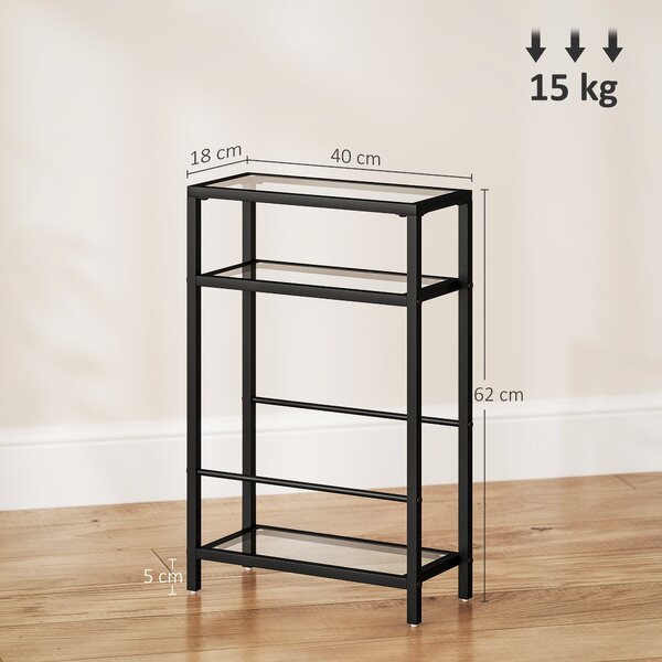 HOMCOM Tavolino da Salotto a 3 Ripiani Compatto in Vetro e Acciaio, 40x18x62 cm, Nero
