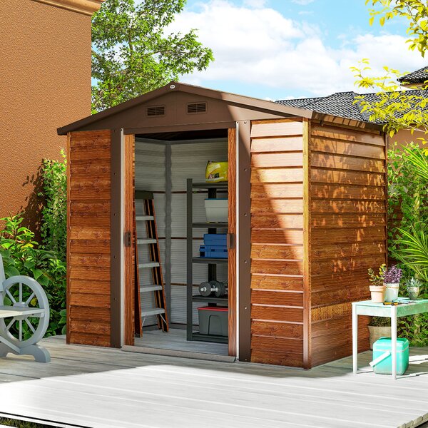 Outsunny Casetta da Giardino Porta Attrezzi con Porte Scorrevoli, 4 Prese d'Aria e 2 Fori di Drenaggio, 2.3x1.5x2 m, Marrone | Aosom Italy