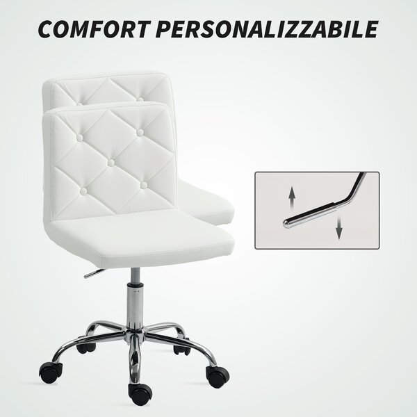 HOMCOM Sedia da Ufficio Regolabile con Rivestimento a Bottoni, in Pelle PU, Schiuma e Acciaio, 44x50x78-88 cm, Bianco | Aosom Italy
