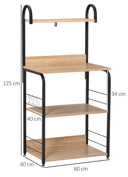 HOMCOM Mobiletto Microonde da Cucina con 4 Ripiani e 4 Ganci, in Acciaio e Legno, 60x40x125 cm, Color Legno | Aosom Italy
