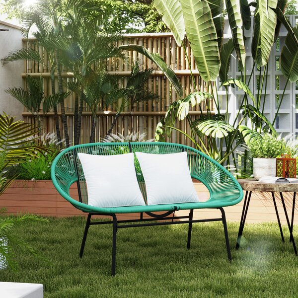 Outsunny Divano da Giardino 2 Posti in Rattan PE e Acciaio con Cuscini e Braccioli, 132x72x83 cm, Verde | Aosom Italy