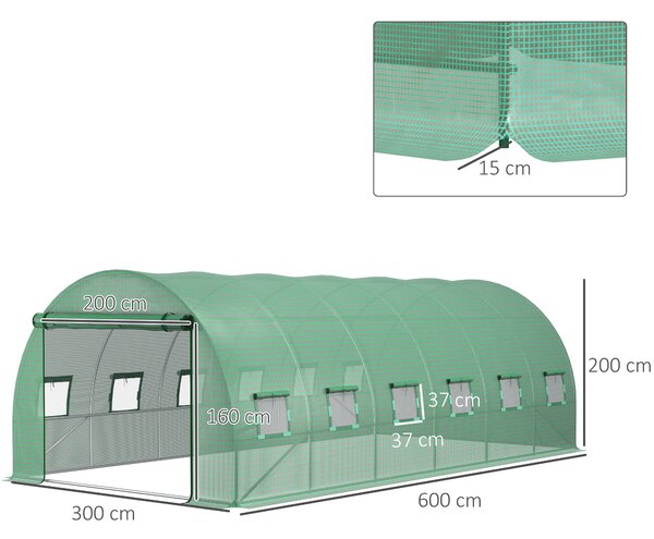 Outsunny Telo per Serra in PE con 12 Finestre, Porta Avvolgibile e Bordi Interrati, 6x3x2 m, Verde|Aosom
