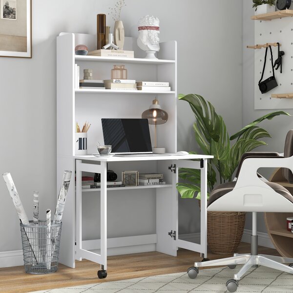 HOMCOM Scrivania Pieghevole con Libreria, 2 Ruote e 4 Ripiani, Tavolo Salvaspazio Moderna con Foro Passacavi, 80x69x155 cm, Bianco | Aosom Italy