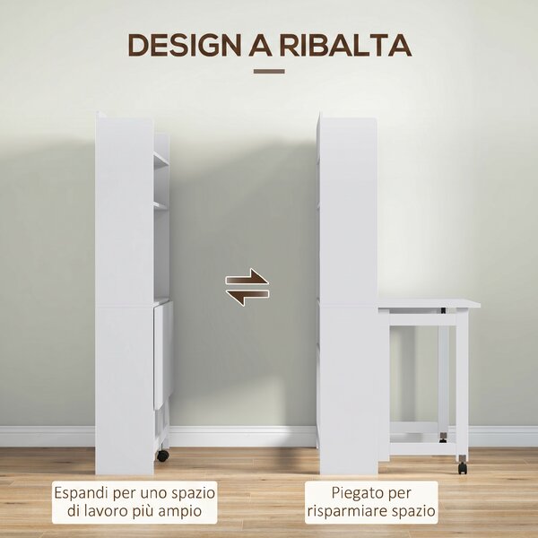 HOMCOM Scrivania Pieghevole con Libreria, 2 Ruote e 4 Ripiani, Tavolo Salvaspazio Moderna con Foro Passacavi, 80x69x155 cm, Bianco | Aosom Italy