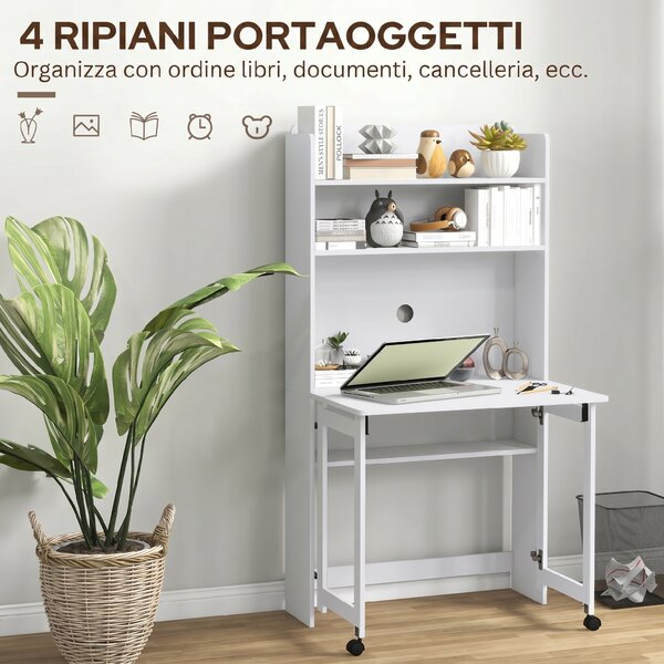 HOMCOM Scrivania Pieghevole con Libreria, 2 Ruote e 4 Ripiani, Tavolo Salvaspazio Moderna con Foro Passacavi, 80x69x155 cm, Bianco | Aosom Italy