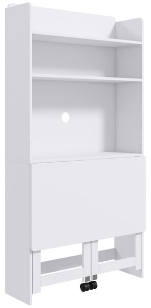 HOMCOM Scrivania Pieghevole con Libreria, 2 Ruote e 4 Ripiani, Tavolo Salvaspazio Moderna con Foro Passacavi, 80x69x155 cm, Bianco | Aosom Italy