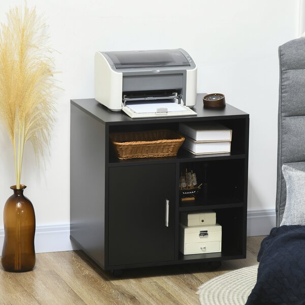 HOMCOM Mobile Porta Stampante con Ruote a Freno, Mobiletto per Stampante con Armadietto Anta Soft Close, 3 Scomparti Aperti, Ripiano Regolabile, Multiuso per Ufficio Studio, 60x50x65.5 cm, Nero | Aosom Italy