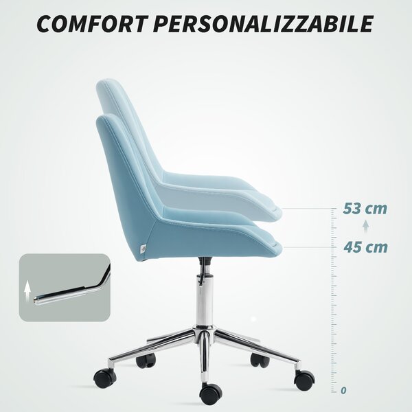 HOMCOM Sedia per Scrivania ad Altezza Regolabile con 5 Rotelle, in Silicone PU, Schiuma e Acciaio, 52x58x80-90 cm, Blu | Aosom Italy
