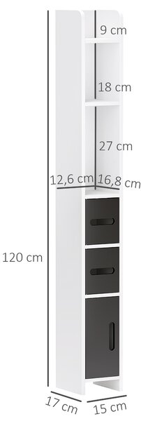 Kleankin Colonna Bagno con 3 Mensole e 3 Armadietti, in Legno, 15x17x120 cm, Bianco e Nero | Aosom Italy