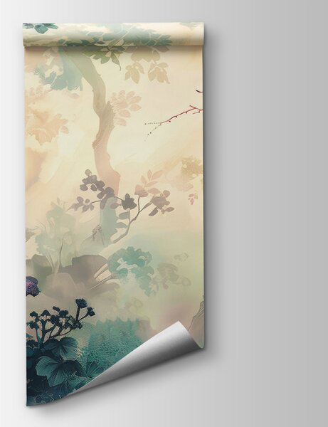 Carta da parati Un dipinto di un albero con fiori e foglie, Carta da parati Uccelli, Carta da parati popolare, u99610 - Tapeko.it