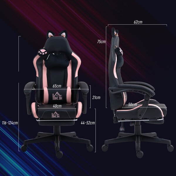 HOMCOM Sedia da Gaming Reclinabile con Poggiapiedi e Cuscini, in Finta Pelle e Spugna, 65x62x116-124 cm, Rosa e Nero | Aosom Italy