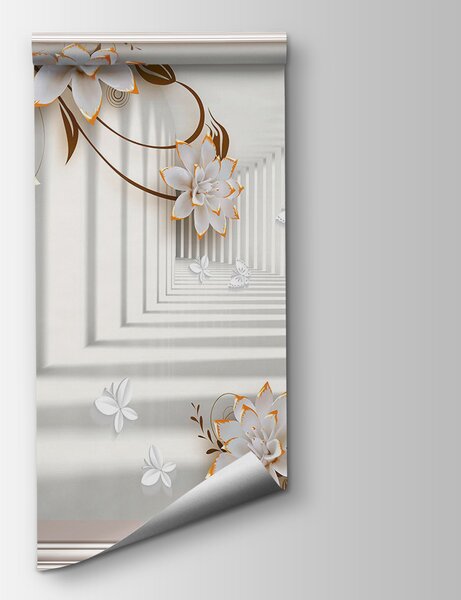 Carta da parati Elegante cornice floreale con farfalle, Carta da parati 3d fiori, Carta da parati popolare, u93693 - Tapeko.it
