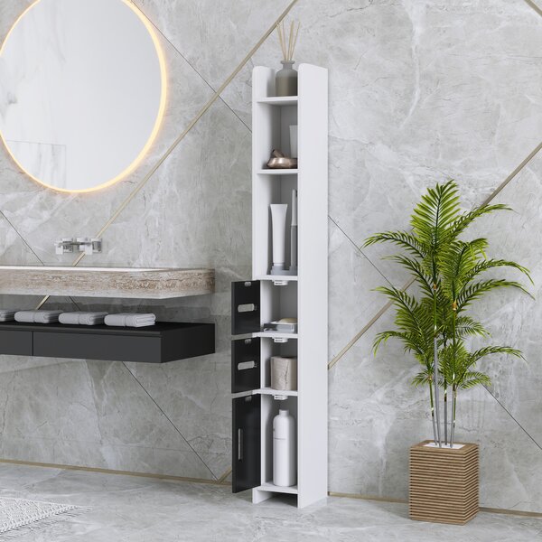 Kleankin Colonna Bagno con 3 Mensole e 3 Armadietti, in Legno, 15x17x120 cm, Bianco e Nero | Aosom Italy