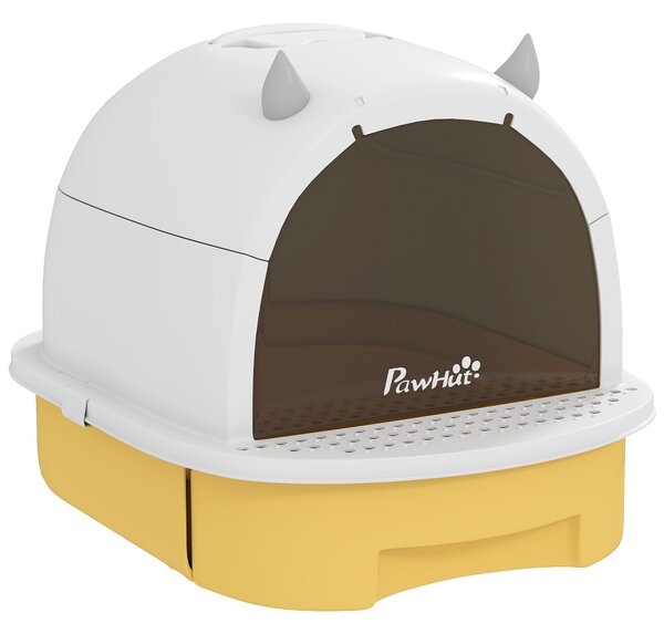Lettiera per Gatti Chiusa 52x40,5x39 cm con Vassoio Estraibile Maniglia Paletta e 2 Filtri al Carbone Attivo in PP Giallo