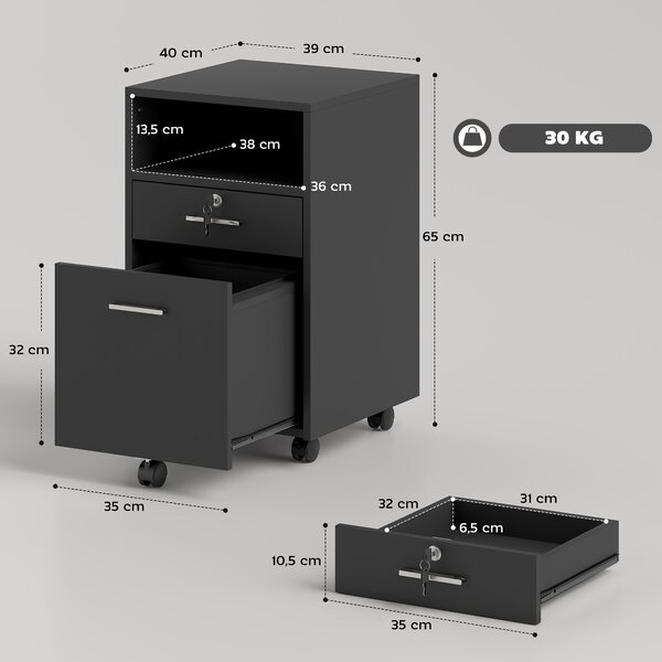 Vinsetto Cassettiera da Ufficio Portadocumenti in Legno con 2 Cassetti e Ripiano Aperto, 39x40x65 cm, Nero | Aosom Italy