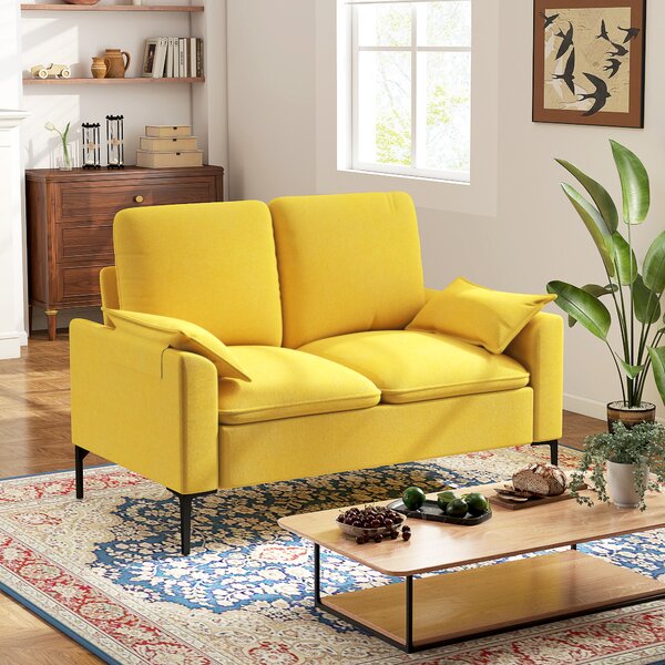 HOMCOM Divano 2 Posti Moderno con Cuscini e Rivestimento in Tessuto Spugna, 130x77x84 cm, Giallo | Aosom Italy