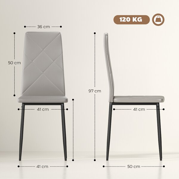 HOMCOM Set di 4 Sedie da Pranzo con Schienale Alto in Finta Pelle e Acciaio, 41x50x97cm, Grigio | Aosom Italy