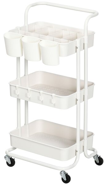 HOMCOM Carrello Cucina Multiuso a 3 Livelli con Cestini e Ganci Rimovibili, Ripiano con 12 Divisori, Bianco | Aosom Italy
