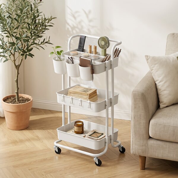 HOMCOM Carrello Cucina Multiuso a 3 Livelli con Cestini e Ganci Rimovibili, Ripiano con 12 Divisori, Bianco | Aosom Italy