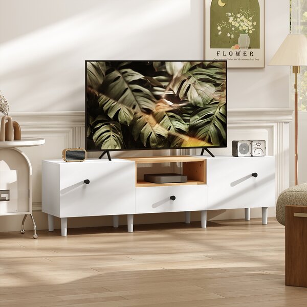 HOMCOM Mobile TV 70" max con 2 Ante a Ribalta, Cassetto e Scaffale Aperto, in Legno, 150x35x45 cm, Bianco e color Legno | Aosom Italy