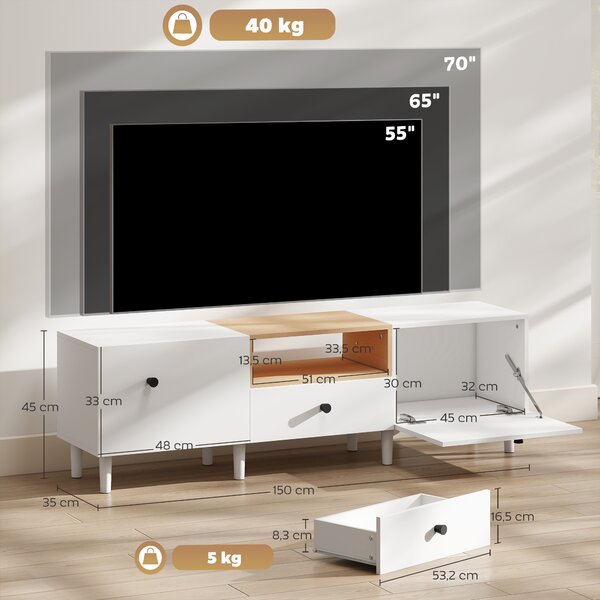 HOMCOM Mobile TV 70" max con 2 Ante a Ribalta, Cassetto e Scaffale Aperto, in Legno, 150x35x45 cm, Bianco e color Legno | Aosom Italy