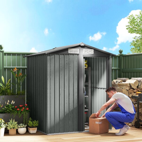 Outsunny Casetta da Giardino Porta Attrezzi in Acciaio con Tetto Inclinato e 4 Prese d'Aria, 152x132x188 cm, Grigio | Aosom Italy
