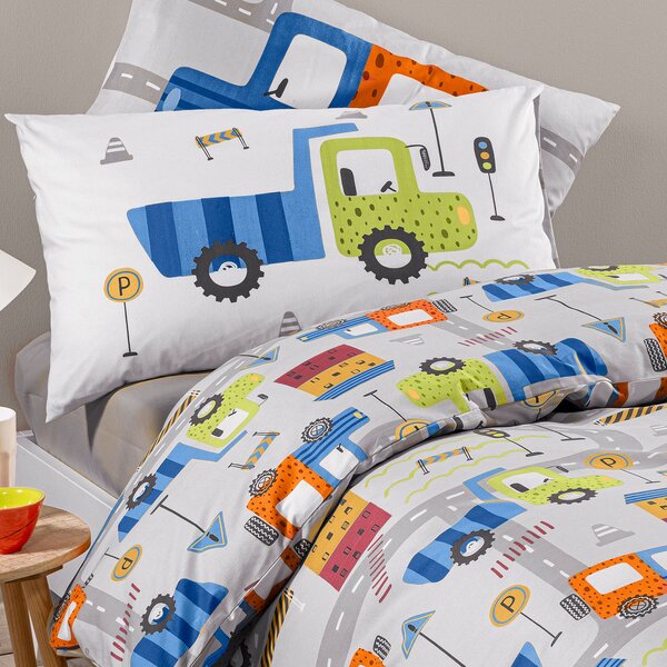 Completo Copripiumino In Cotone City Car Singolo Caleffi Kids Ragazzo Grigio Caleffi