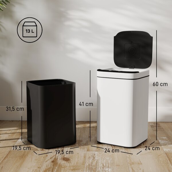 HOMCOM Bidone per Immondizia da 13L con Sensore e Spazio per Deodoranti, in Acciaio e PP, 24x24x41 cm, Bianco e Nero | Aosom Italy