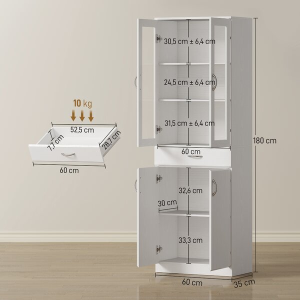 HOMCOM Credenza Cucina con 2 Armadietti e un Cassetto, Mensole Regolabili e Ante in Vetro, 60x35x180 cm, Bianco | Aosom Italy