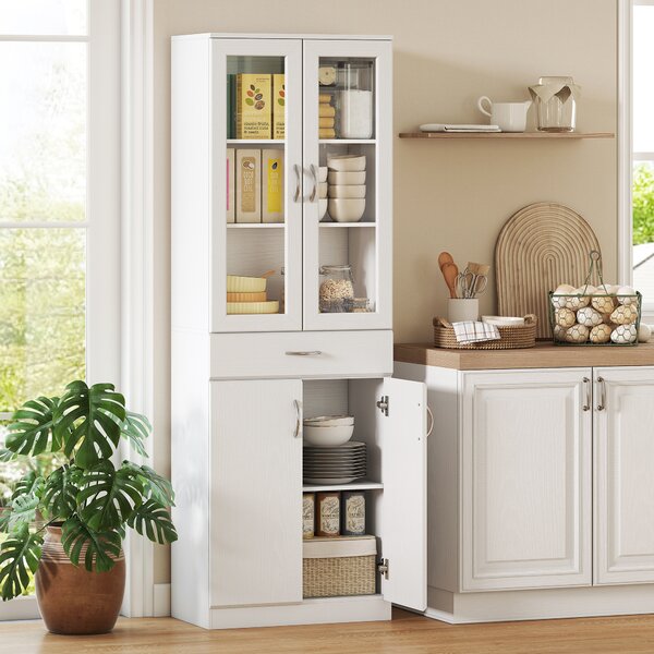HOMCOM Credenza Cucina con 2 Armadietti e un Cassetto, Mensole Regolabili e Ante in Vetro, 60x35x180 cm, Bianco | Aosom Italy