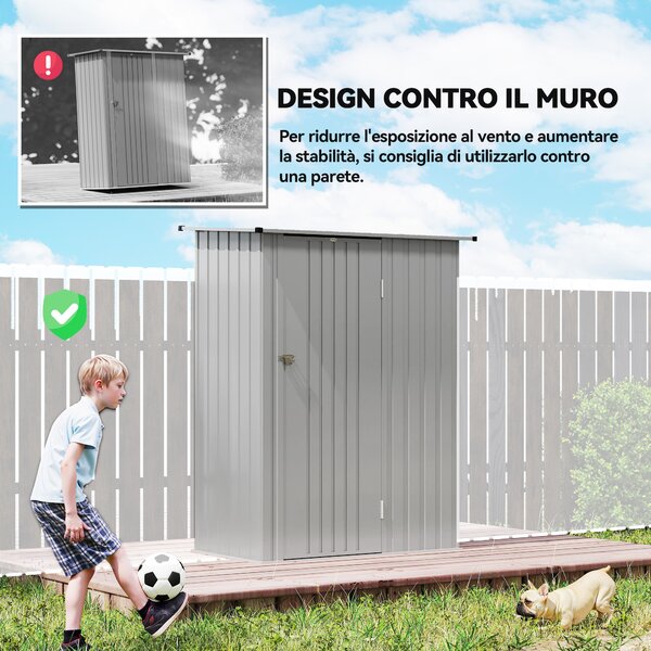Outsunny Capanno Porta Attrezzi in Metallo con Tetto Inclinato e Porta Bloccabile, 142x86x189 cm, Argento | Aosom Italy