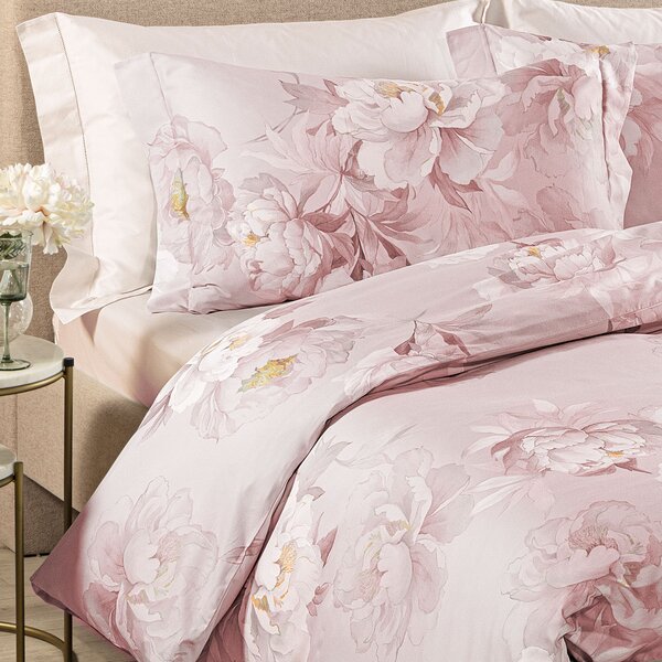 Completo Copripiumino In Raso Di Cotone Eloise Matrimoniale Dreaming Floreale Rosa Caleffi