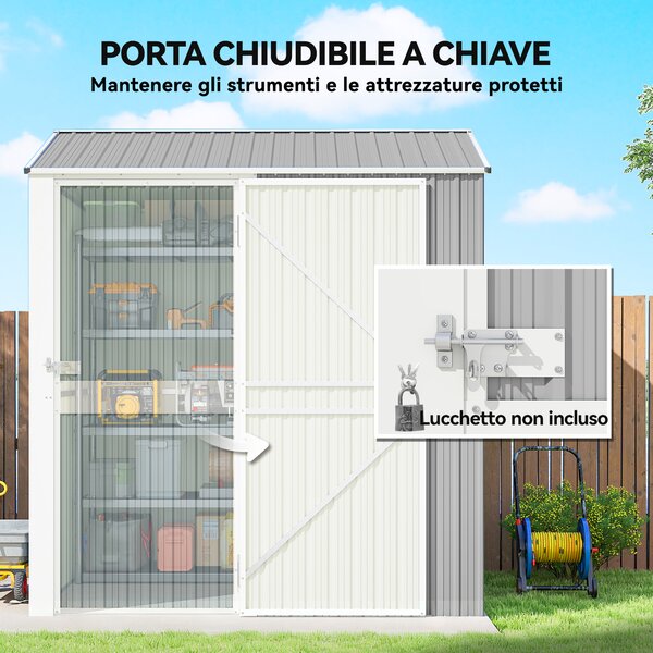 Outsunny Casetta da Giardino Alta in Acciaio da 3.51m² con Prese d'Aria e Porta Bloccabile, 209x177x236 cm, Argento | Aosom Italy