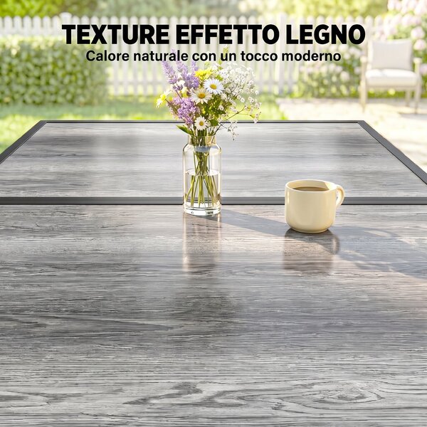 Outsunny Tavolo da Giardino 4-6 Persone con Piano Effetto Legno, in Acciaio e Plastica PSPC, 150x80x74 cm, Grigio e Nero | Aosom Italy