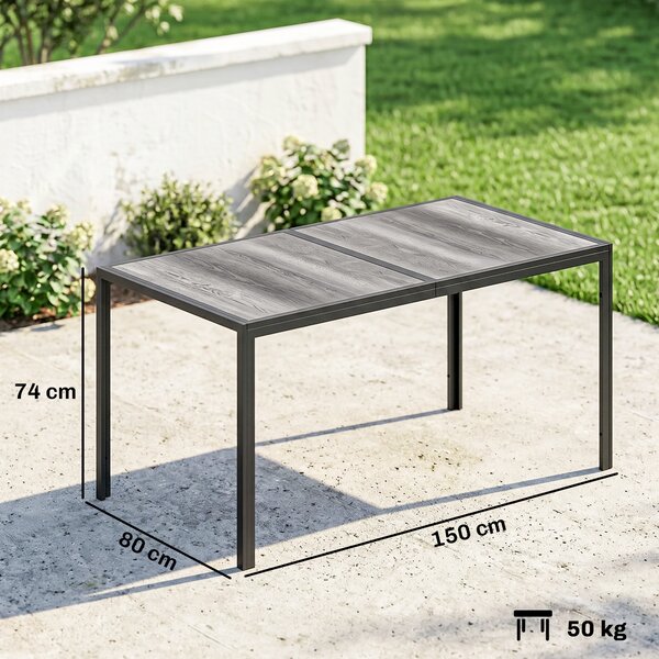 Outsunny Tavolo da Giardino 4-6 Persone con Piano Effetto Legno, in Acciaio e Plastica PSPC, 150x80x74 cm, Grigio e Nero | Aosom Italy