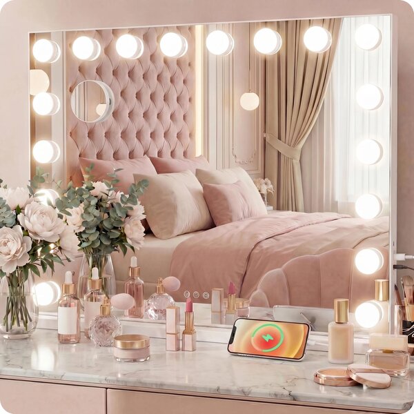 Specchio trucco Hollywood bianco 58x48cm da tavolo con 15 LED, luce regolabile, altoparlante Bluetooth e ingrandimento 10X