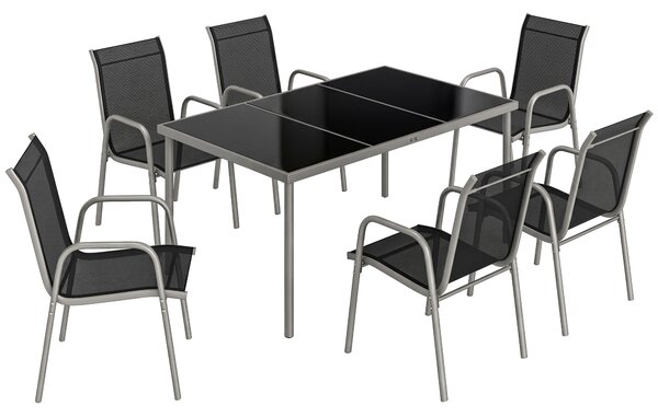 Outsunny Set tavolo e sedie da giardino da 7 pezzi con 6 Sedie Impilabili e Tavolino da Caffèm, Nero e Argento | Aosom Italy