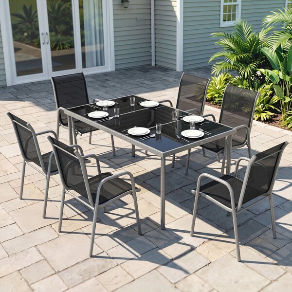 Outsunny Set tavolo e sedie da giardino da 7 pezzi con 6 Sedie Impilabili e Tavolino da Caffèm, Nero e Argento | Aosom Italy
