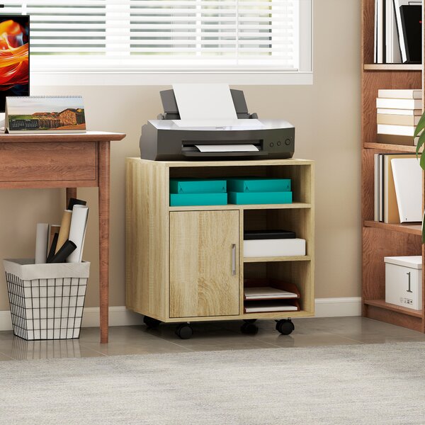 HOMCOM Mobiletto Porta Stampante con Ripiani Aperti e Armadietto in Legno, 60x50x65.5cm, Color Legno | Aosom Italy