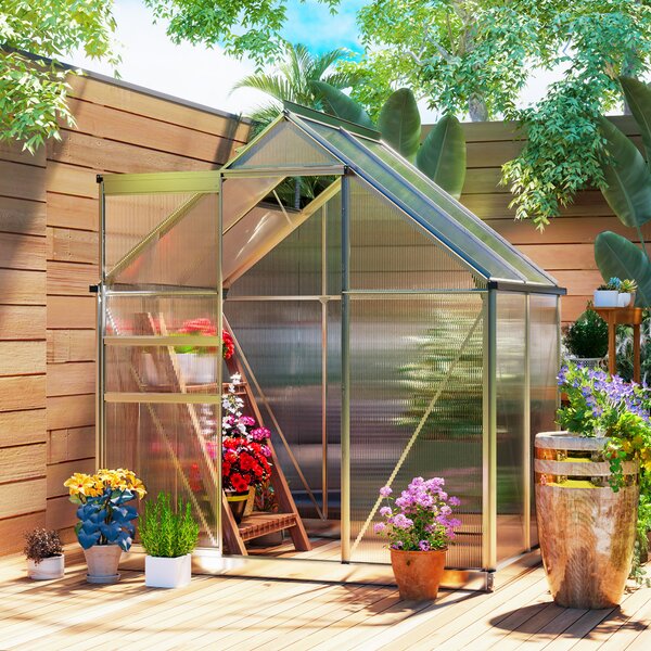 Outsunny Serra in Policarbonato e Alluminio con Porta a Battente e Finestra a Tetto, 192.5x131x200 cm, Argento | Aosom Italy