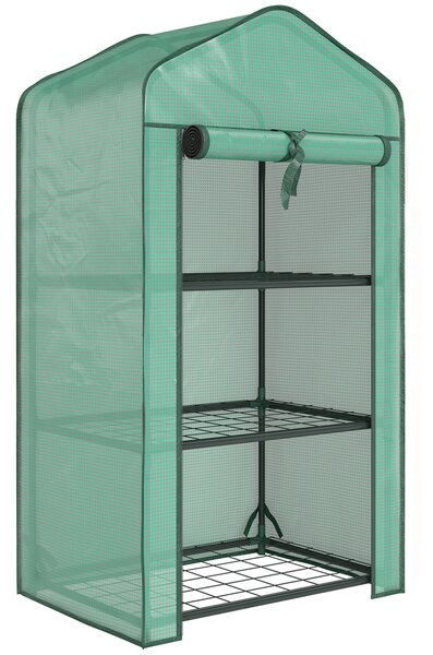 Outsunny Mini Serra da Giardino con Copertura in PE, 3 Ripiani e Porta Avvolgibile, 59x39x127cm, Verde | Aosom Italy