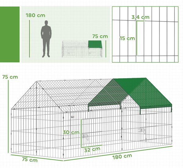 PawHut Gabbia per Conigli e Galline da Esterno e Interno con Protezione Parasole e Griglia Metallica, per Animali Piccoli, Anatre, Galline, 180x75x75 cm, Verde | Aosom Italy