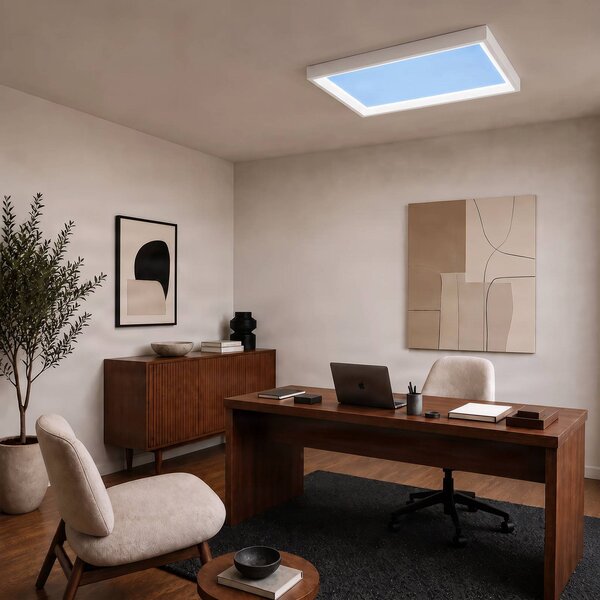 Plafoniera Lucande Sky con effetto luce bianca fredda, 90x60 Lucande, dimmerabile, Blu, Soggiorno / Sala da pranzo, Plastica, Moderno, Pannello LED