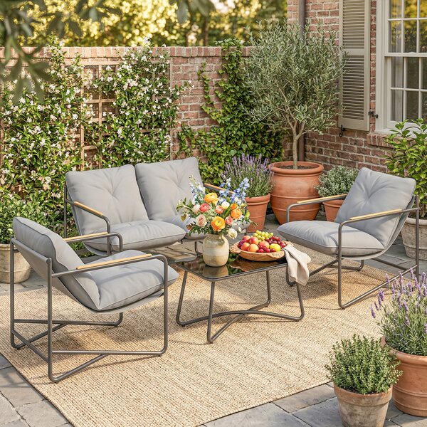 Outsunny Set Giardino 4 Posti con Cuscini Spessi, Salotto Metallo, Grigio Chiaro | Aosom Italy