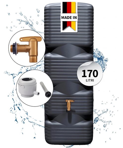 4rain QUADRO serbatoio da parete set completo 170 litri grigio grafite incl. rubinetto in plastica e raccordo pluviale