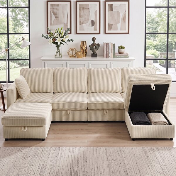 HOMCOM Divano Modulare a U 4 Posti con 2 Pouf Contenitori in Velluto a Coste, 4 Cuscini, Bianco Crema | Aosom Italy