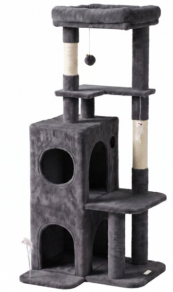 Albero Tiragraffi per Gatti 59x55x132 cm con Pali in Sisal Cuccia e Casetta in Truciolare e Peluche Grigio Scuro